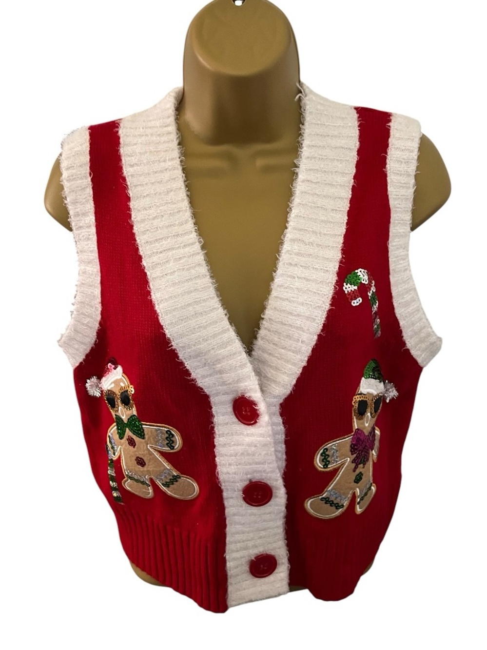 Jolly Sweaters Gingerbread Christmas Sweater Vest Sequins Red White Small
